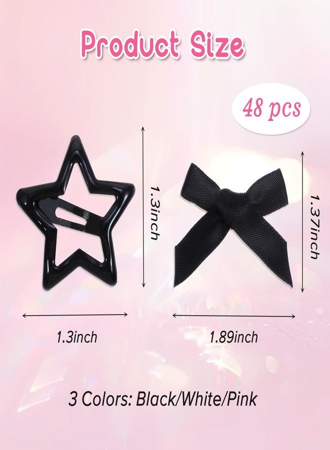 Tyqour 48 Pcs Mini Bow Hair Clips Star Clips Satin Small Hair Bow Clip Star Barrettes Metal Non-Slip Cute Bowknot Stars Pins Y2k Accessories for Women Girls Kids Toddlers (Black, White, Pink) - Image 2